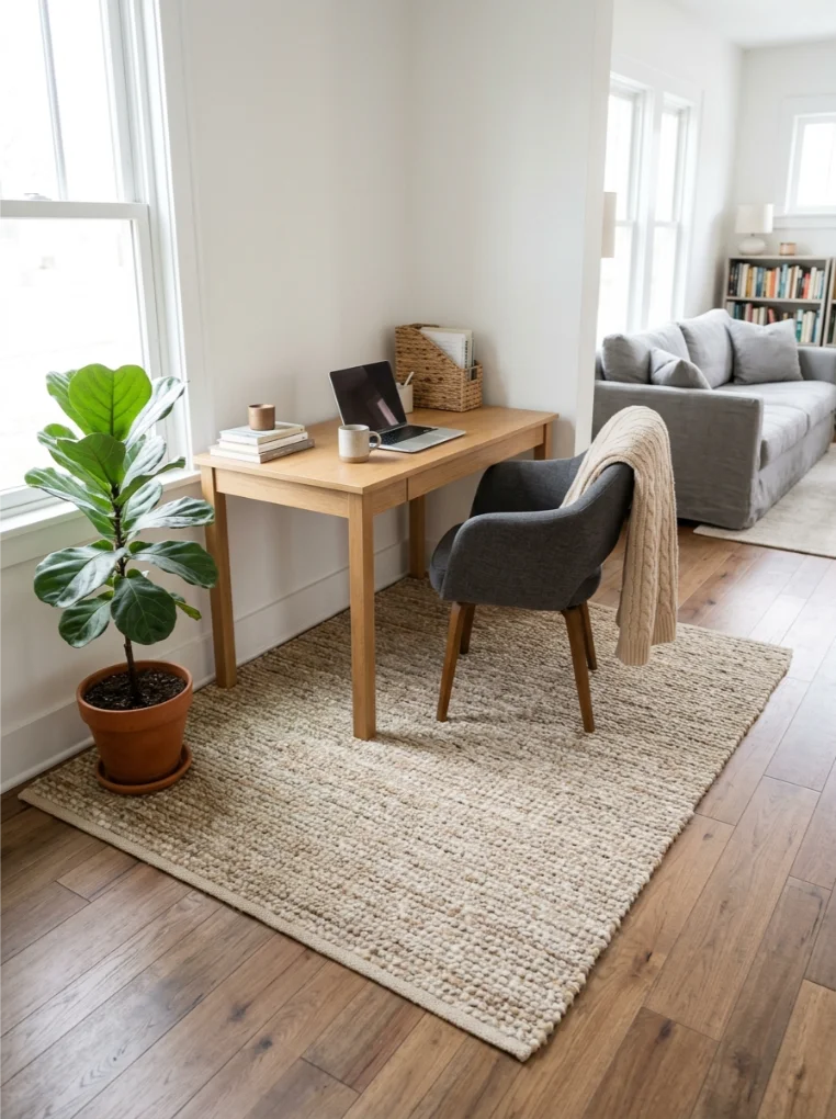 Rugs to define the space with Japandi Home Office