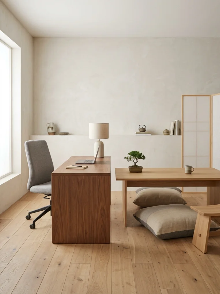 Low, Simple Wood Desk with Japandi Home Office