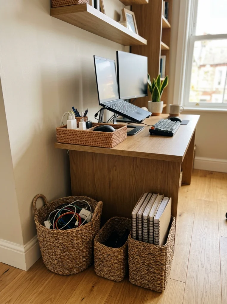 Woven storage boxes with Japandi Home Office