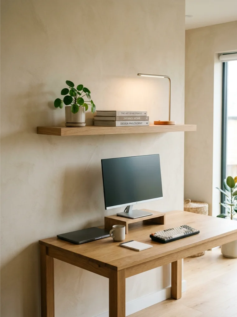 Floating shelves with Japandi Home Office