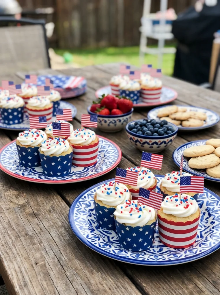 Patriotic dessert table with Memorial Day Decoration