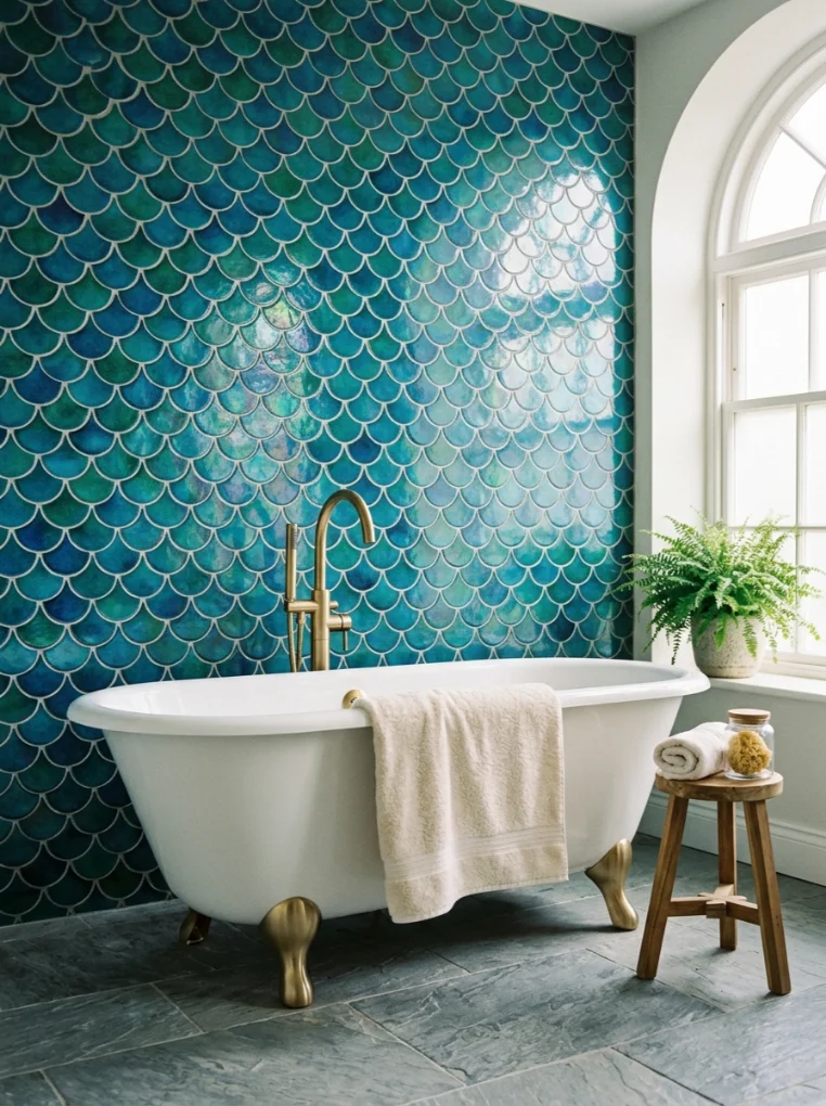 Accent Wall Behind the Tub Mermaid Dsign