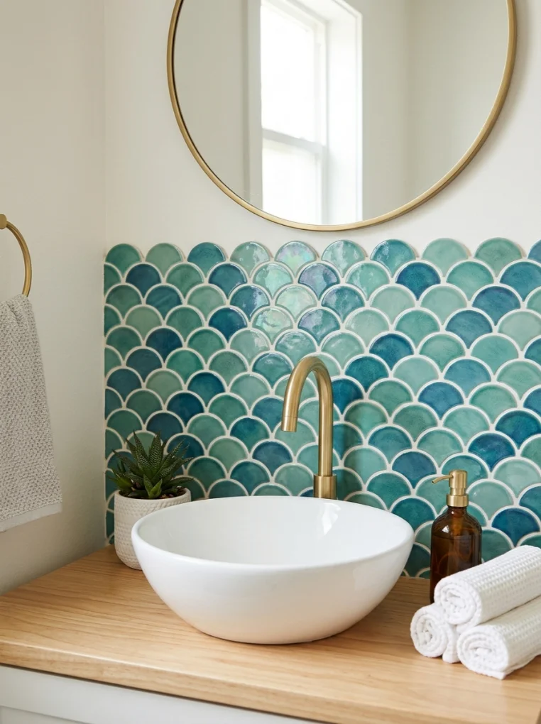 Mermaid Tile Backsplash Behind the Vanity
