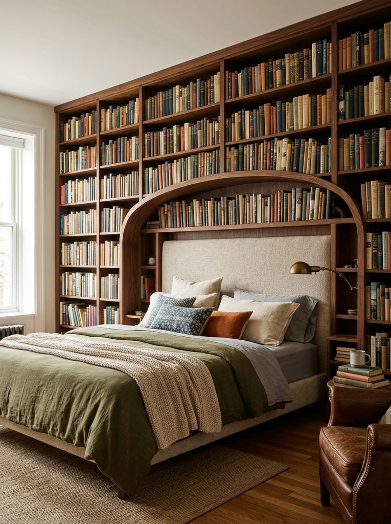 Bookshelf wall with Shelves in bedroom
