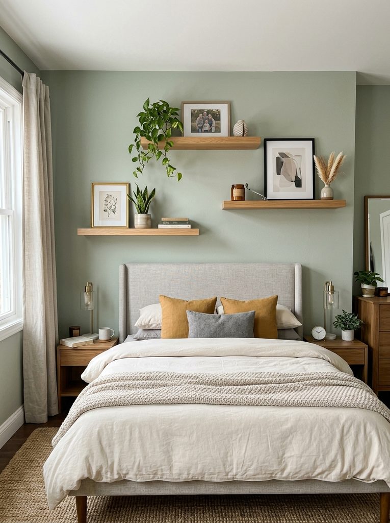 Headboard shelf with Shelves in bedroom