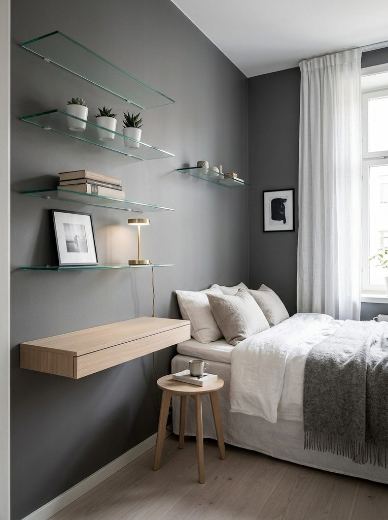 Glass shelf with Shelves in bedroom