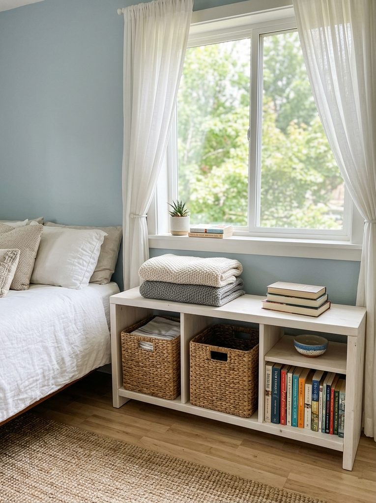 Under-window shelving with Shelves in bedroom