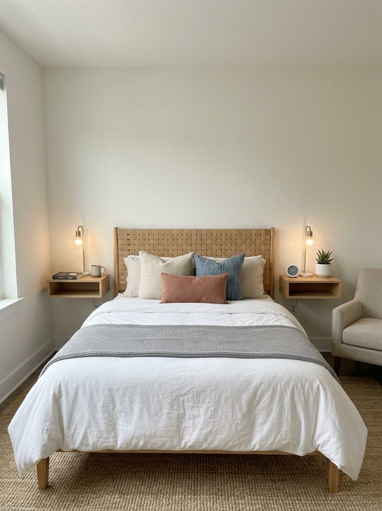 Symmetrical shelves with Shelves in bedroom