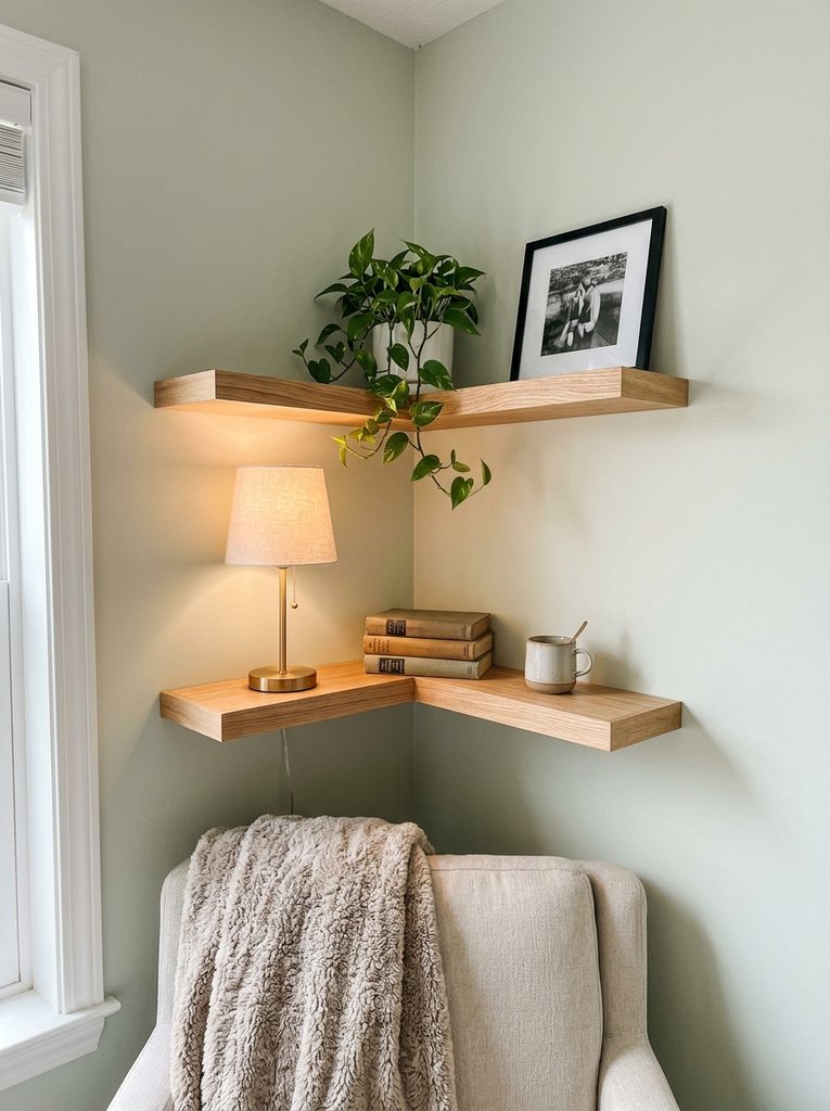 Corner Shelves with Shelves in bedroom