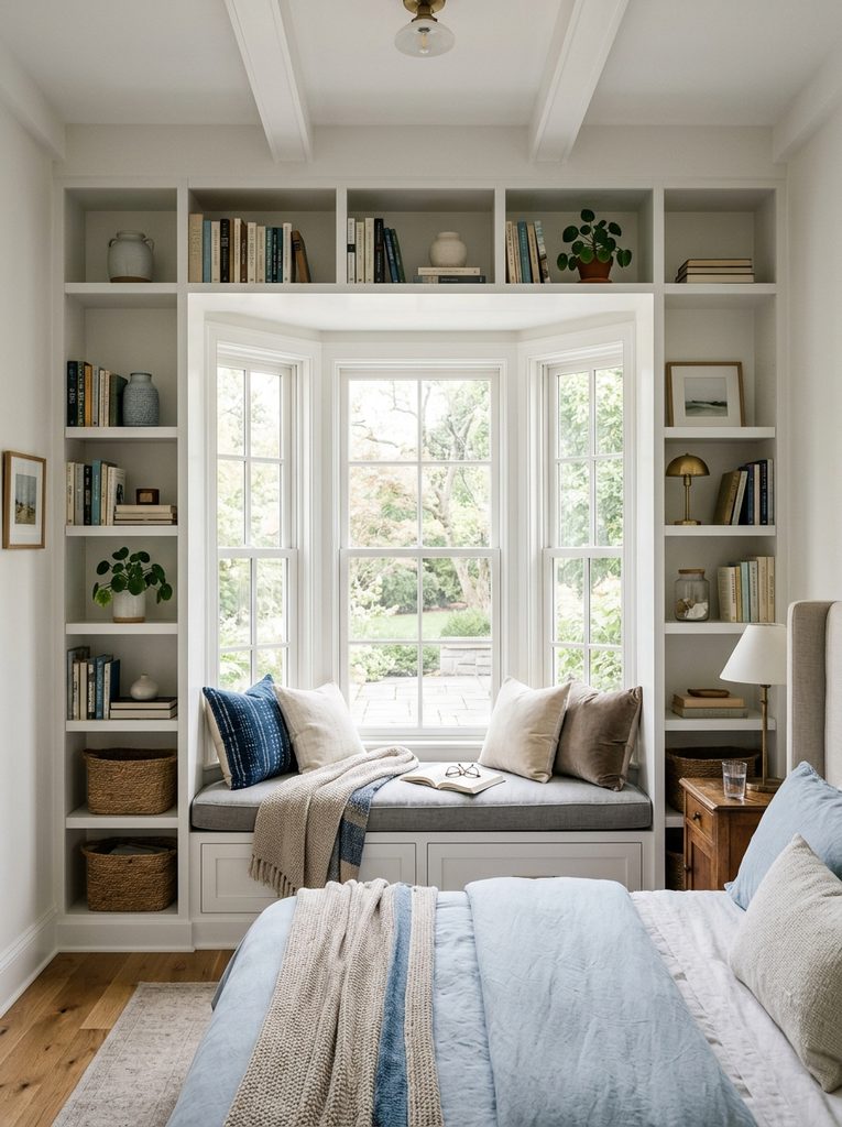 Shelves around a window with Shelves in bedroom