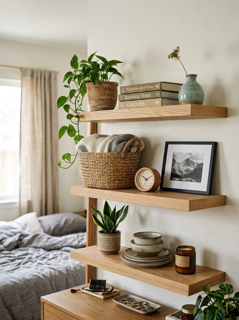 Wooden bedroom with Shelves in bedroom