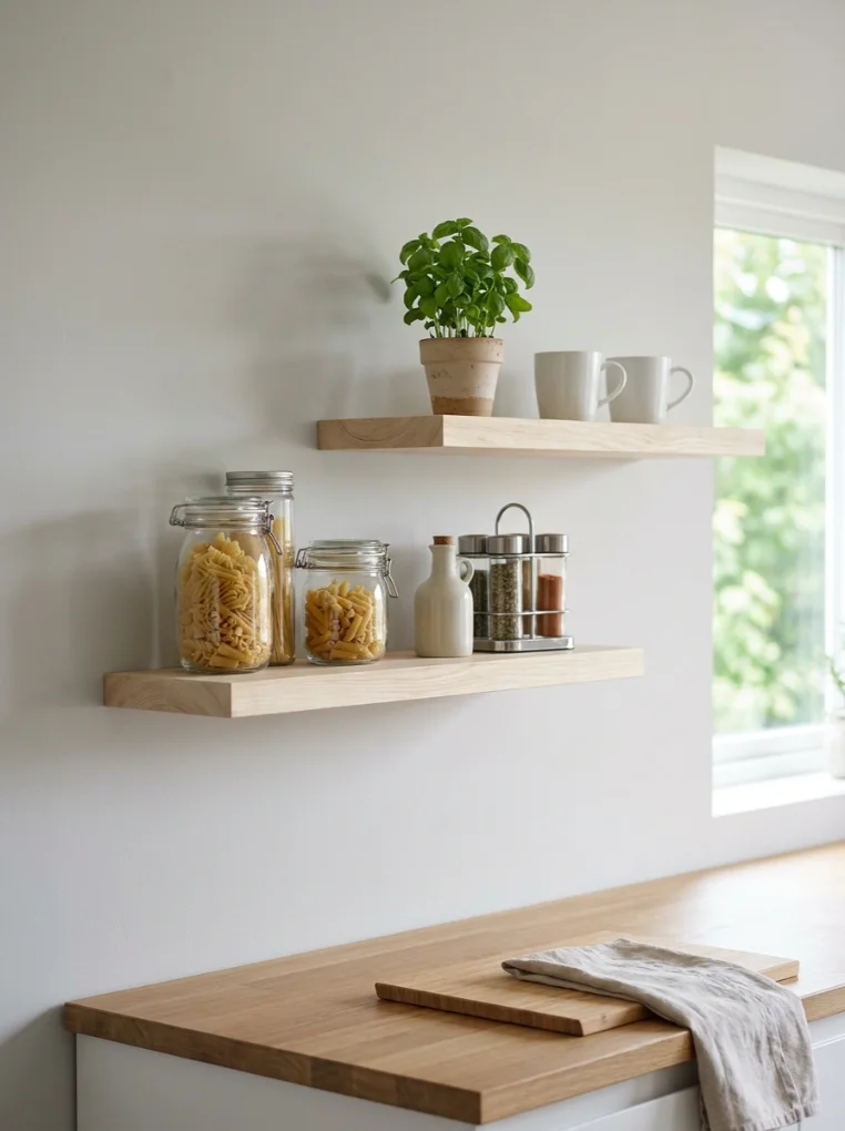 Floating Shelves with Small Space Organization