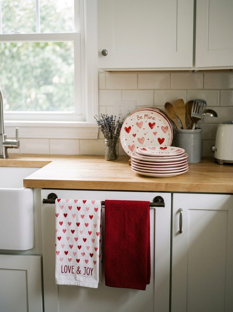 Dishware and towel with Valentine Kitchen Decor Ideas