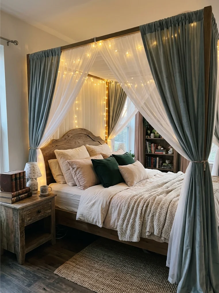 Enchanted bedroom with soft string lighting with Fantasy Medieval Bedroom Ideas