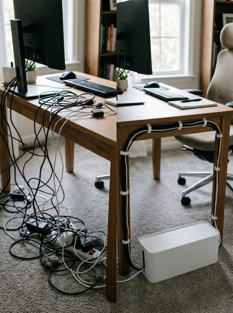 Cards and cable out with scandinavian home office