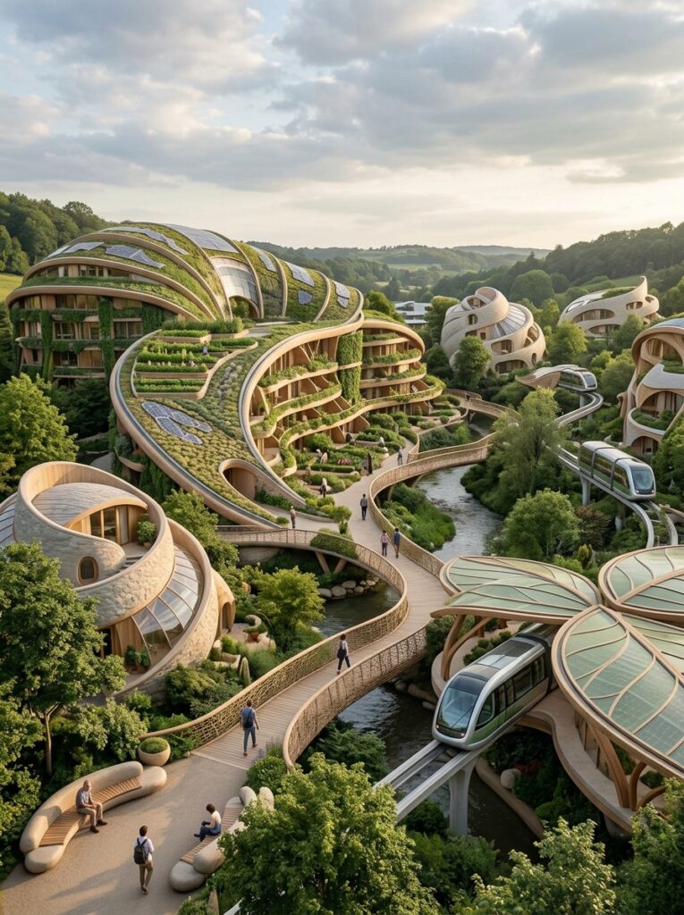 Curved, organic facades with solarpunk architecture designs