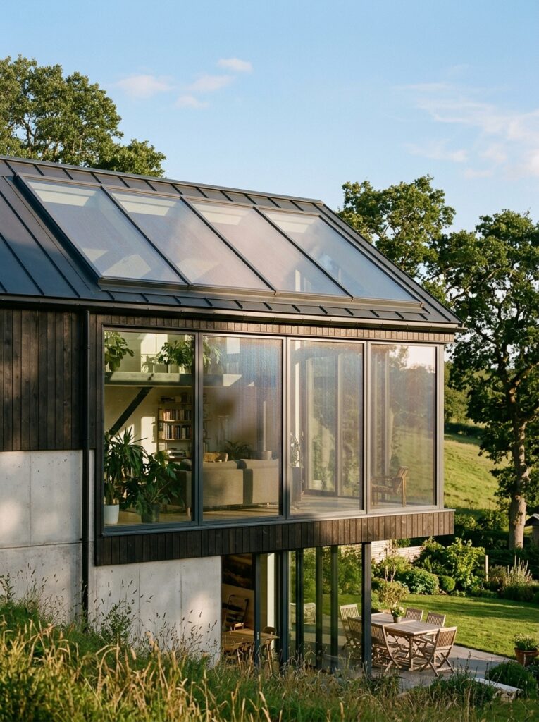 Solar glass and skylights with solarpunk architecture designs