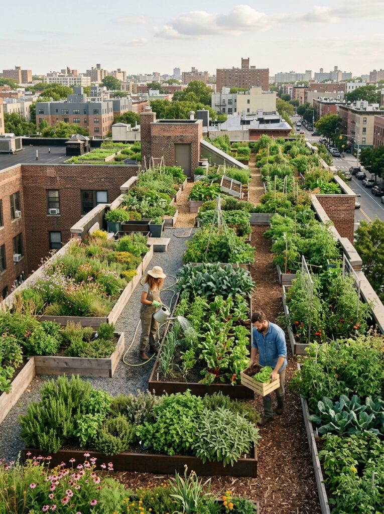 rooftop gardens with solarpunk architecture designs