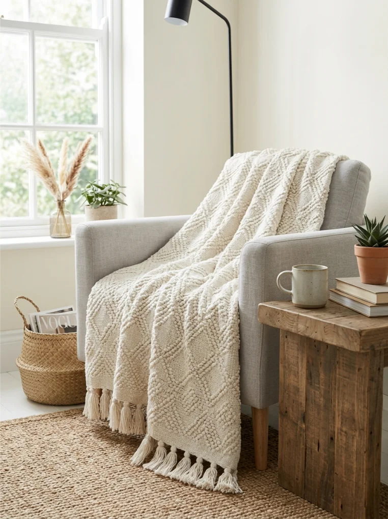 Woven Blanket at the Foot of the Bed for Summer Decorations