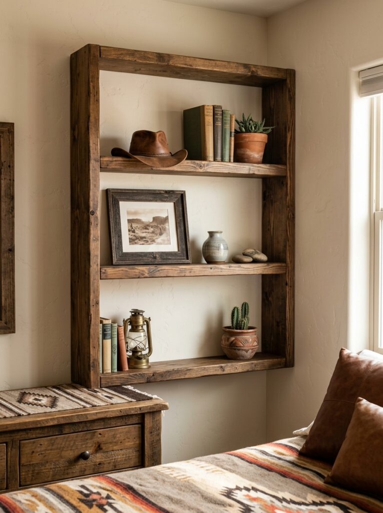 Wood shelving with Western Bedroom Ideas