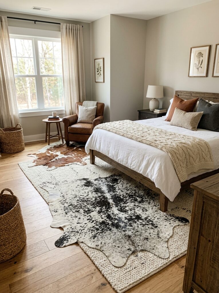 Cowhide and rugs with Western Bedroom Ideas